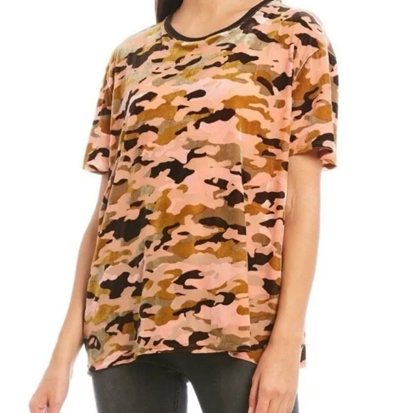 Free People We the Free Blouse Small Pink Green Teddy Velvet Camouflage Top Camo - Picture 1 of 6